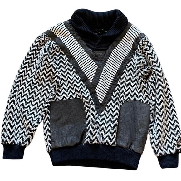 Vtg. Black & white chevron knit sweater with leather patchwork knit #patchwork - Picture 1 of 6